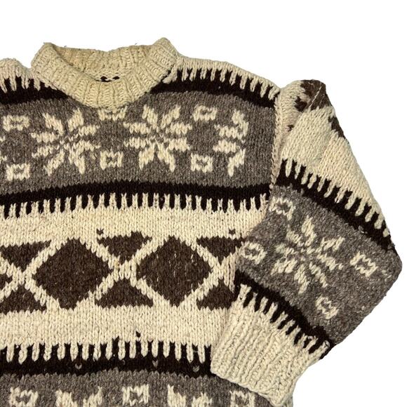 Vintage 80s 90s Crewneck Knit Fair Isle Sweater FLAW Cream Brown Medium - Picture 3 of 7